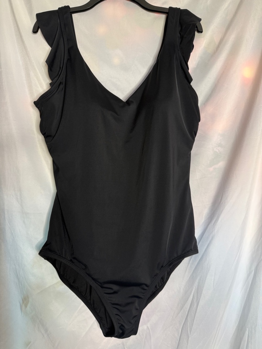 Time and Tru Black One-Piece Swimsuit with Ruffle Shoulder